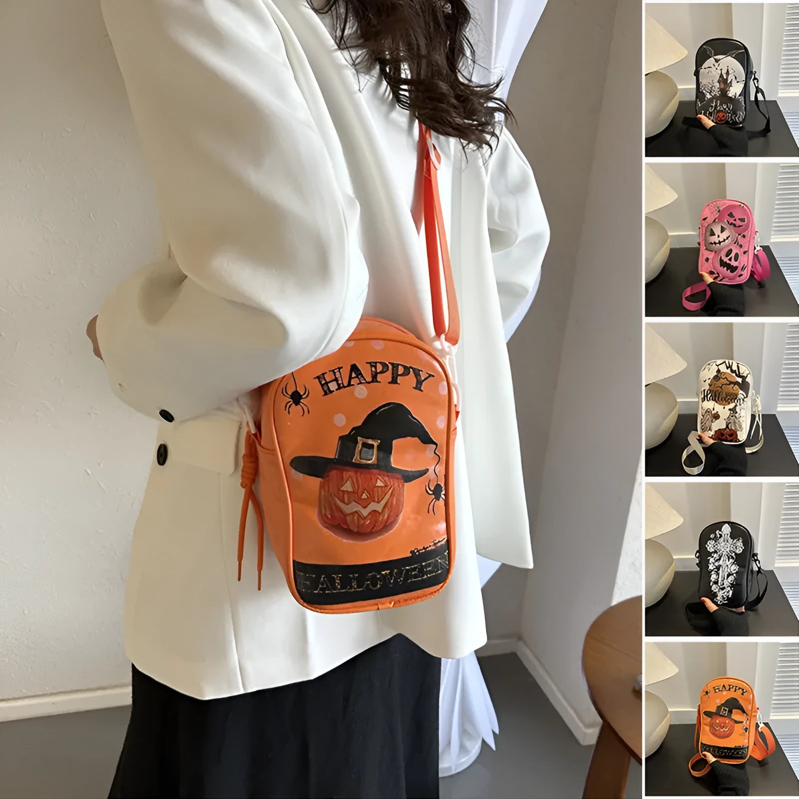 Halloween graffiti crossbody phone bag with pumpkin ghost bat print