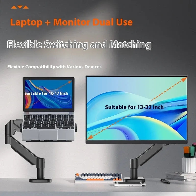 Aluminium alloy laptop support with suspended cooling and mechanical arm base on a desk