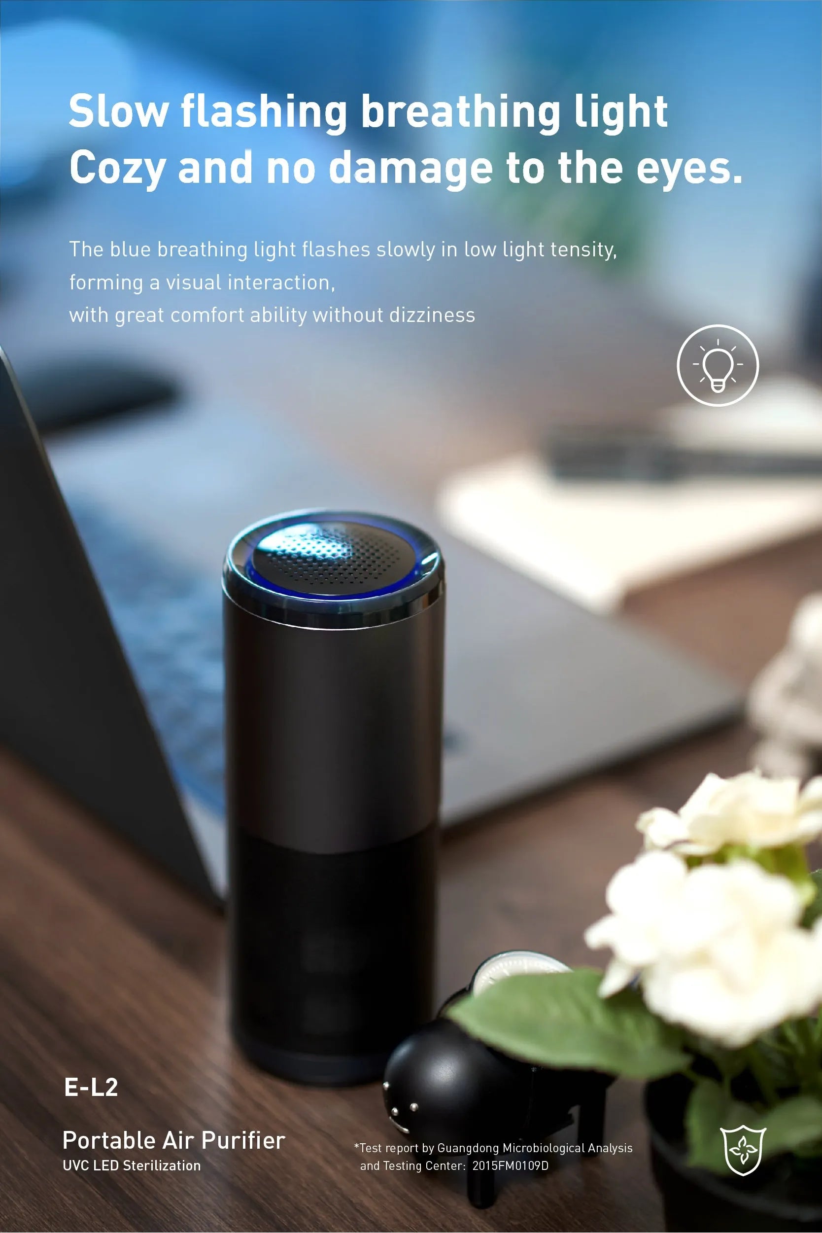 Black portable mini car air purifier with USB cable showing compact 6.2cm diameter design