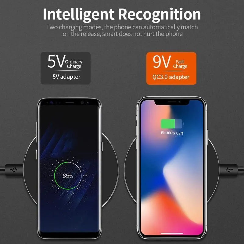Black ultra-thin wireless charging pad with 9V fast charging for smartphones