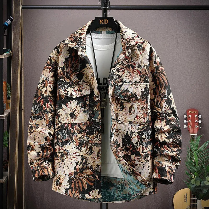 Casual lapel shirt coat in blue with long sleeves and straight hem on a hanger