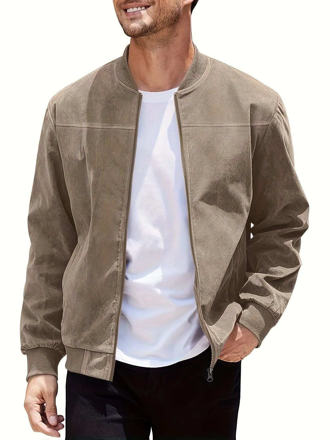 Man wearing a men's plus size suede casual jacket in army green with a zipper front.