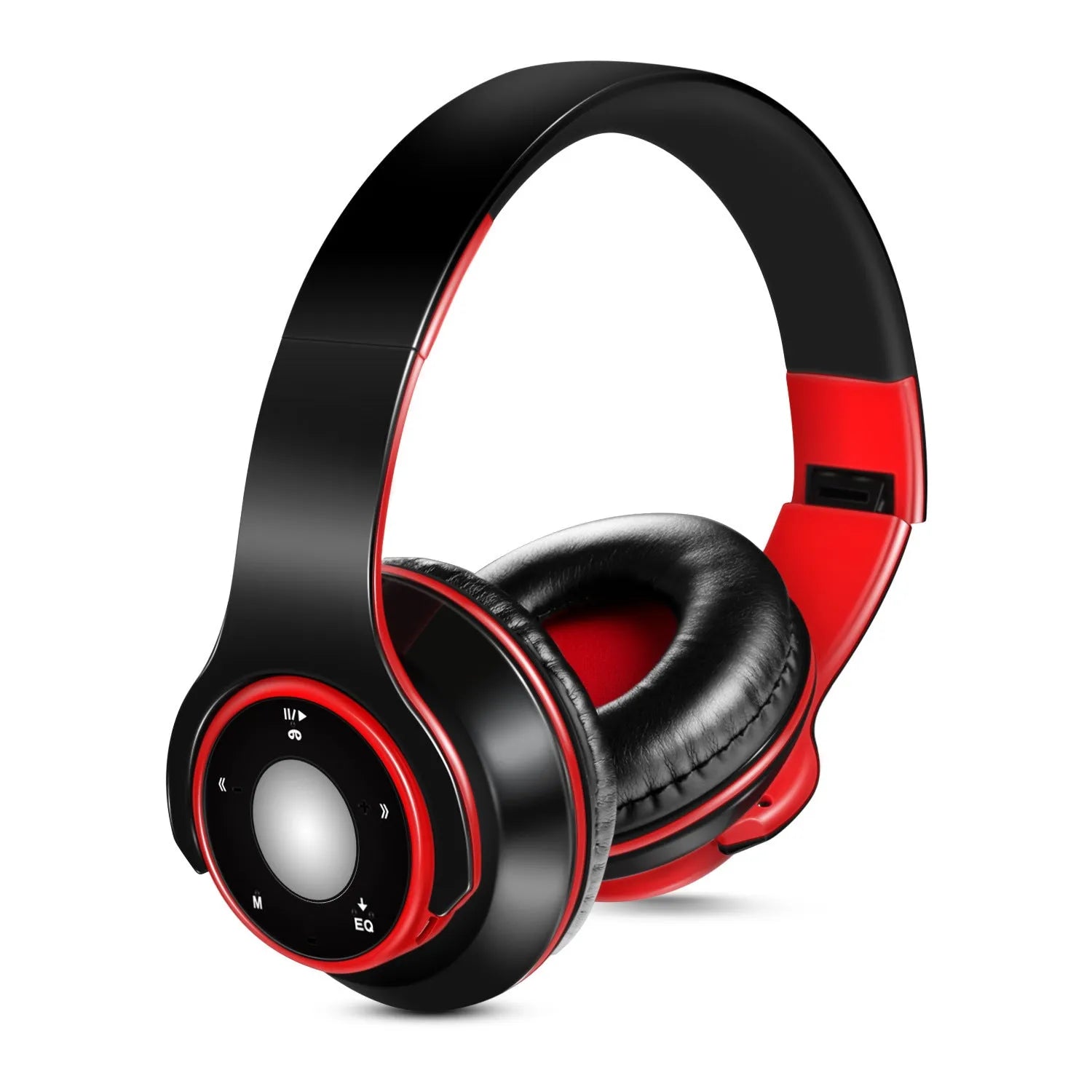 Foldable wireless Bluetooth headset shown in blue, with adjustable hinges and an SD card slot.
