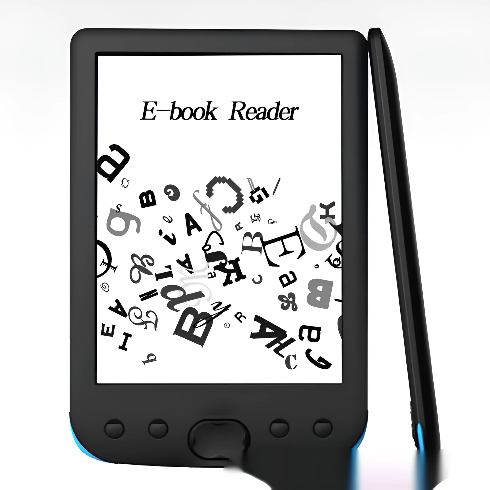 Black 6-inch e-book reader with E-ink screen showing a book page, on a plain background.