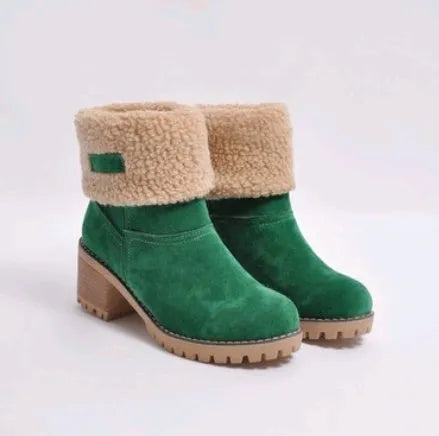 Women's mid-calf suede snow boots with a thick low heel and round toe in grey.