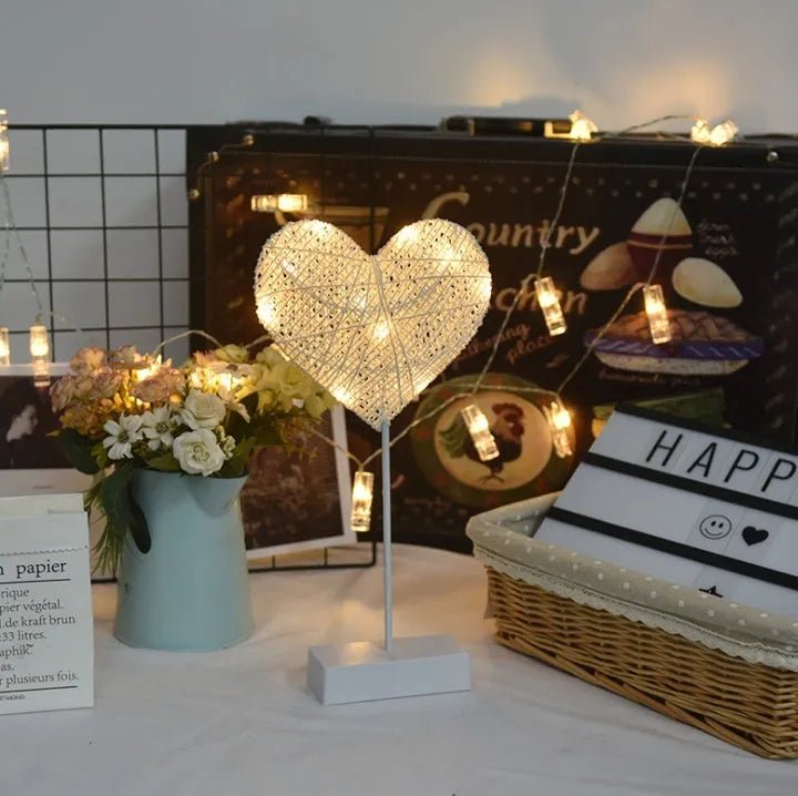 Rattan decorative LED star lamp and love heart lamp with battery power for bedroom decoration