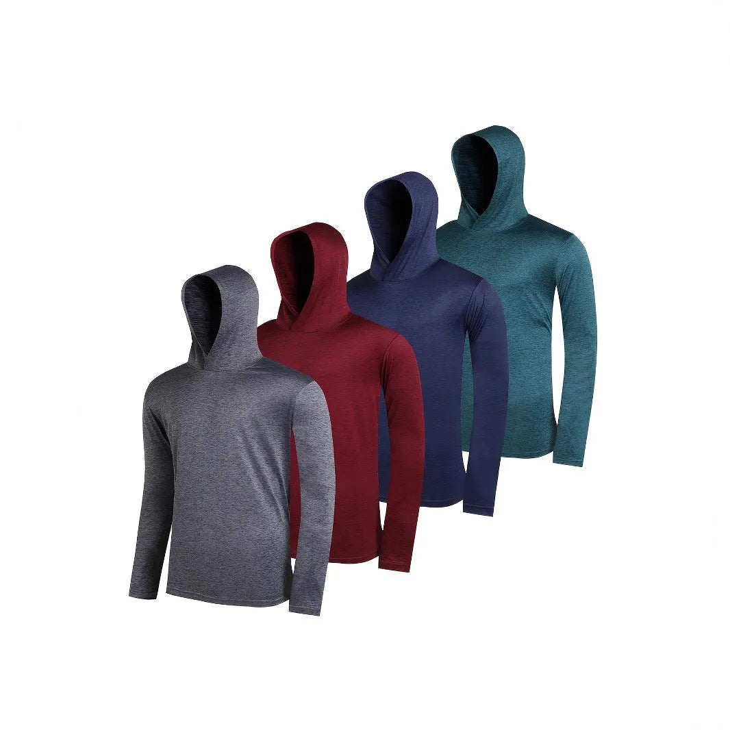 Four-pack of men's lightweight polyester hooded sweatshirts in various colours on hangers.