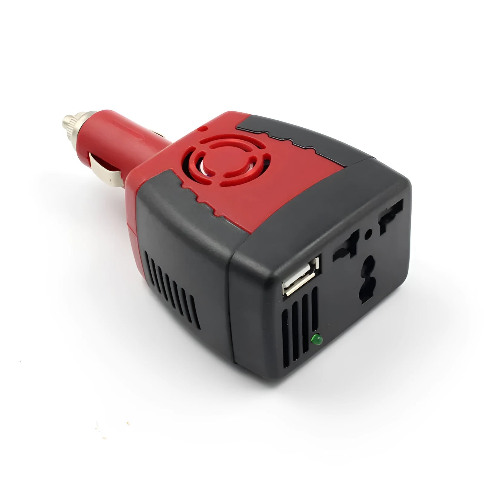 Black and red 150W car inverter with USB output, measuring 115 x 65 x 41mm
