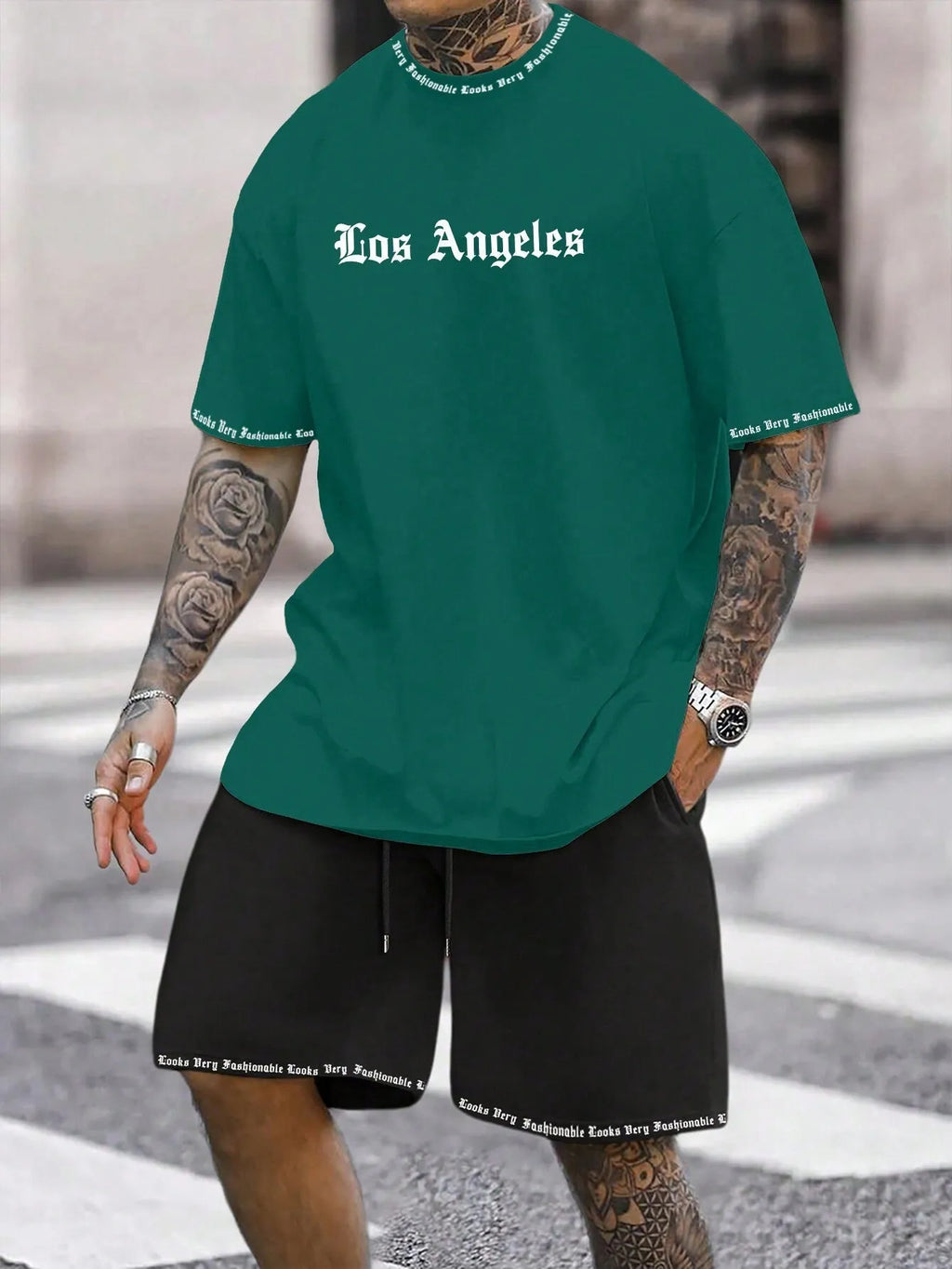 Sports style short-sleeved shorts set with printed pattern, loose fit shorts, and quick-dry fabric