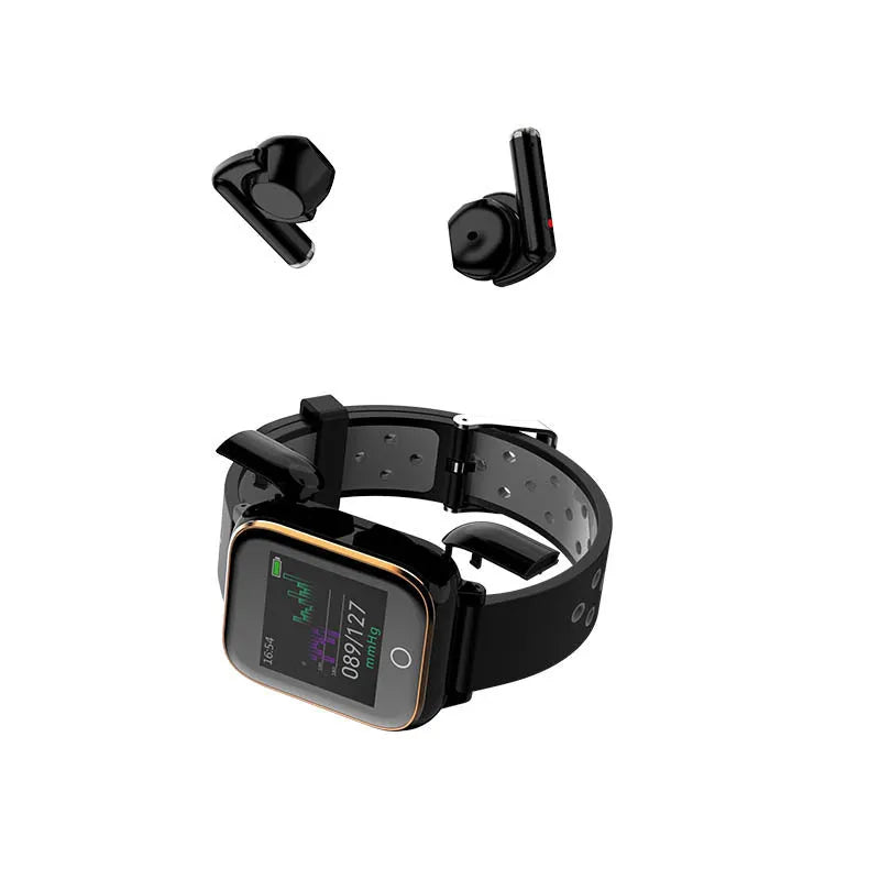 Smart watch with integrated Bluetooth earbuds showing 1.4-inch display with heart rate monitoring interface
