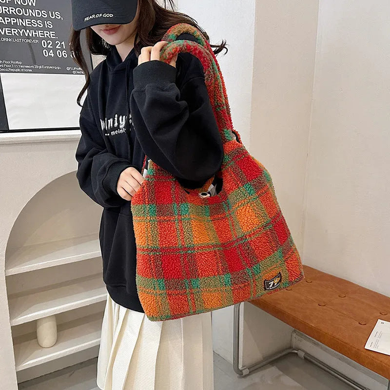 Women's plaid crossbody tote bag in soft plush material with horizontal square shape