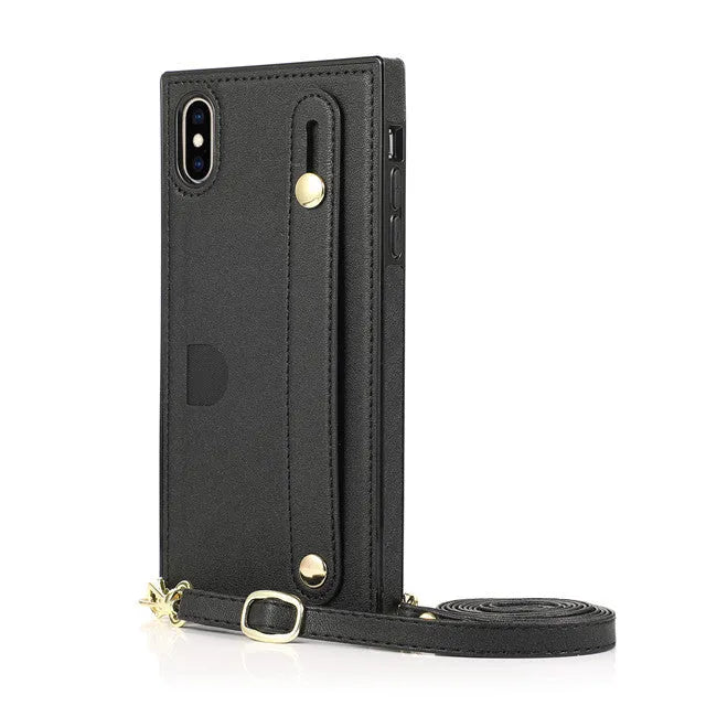 Leather iPhone case with card holder slot and wristband holster in multiple colour options