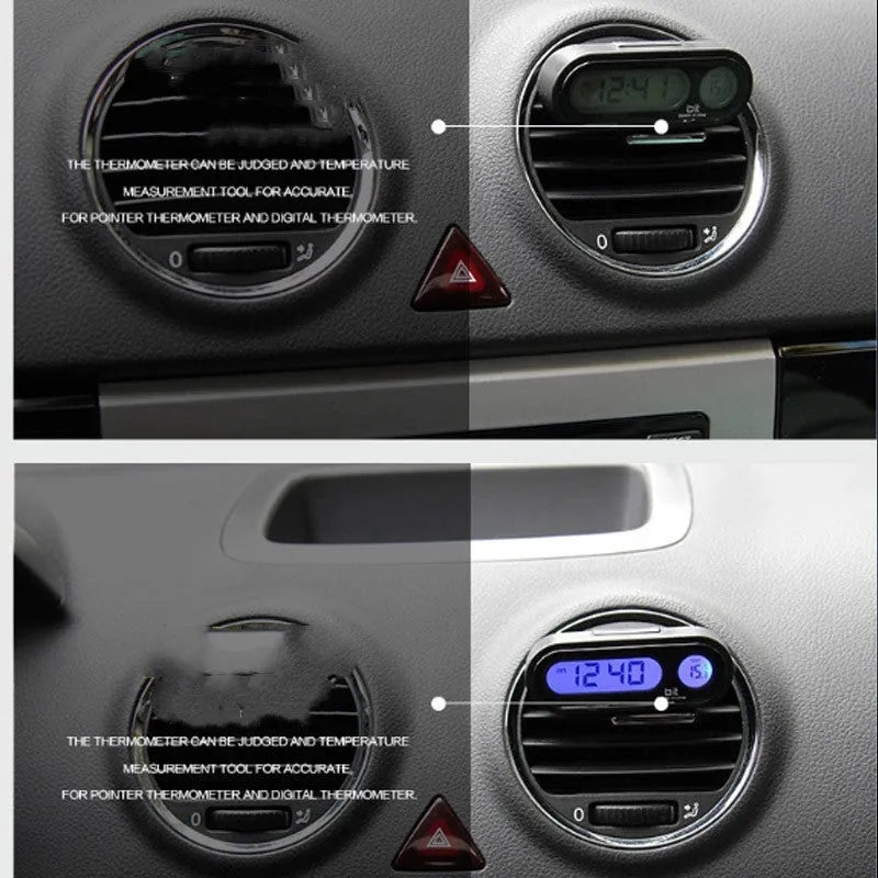 Black car dashboard clock thermometer with LED digital display and adjustable bracket