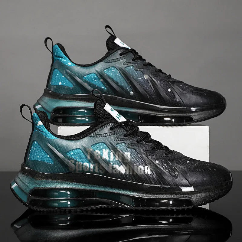 Men's casual platform running shoes in mesh with rubber sole, showing lace-up design and colour options