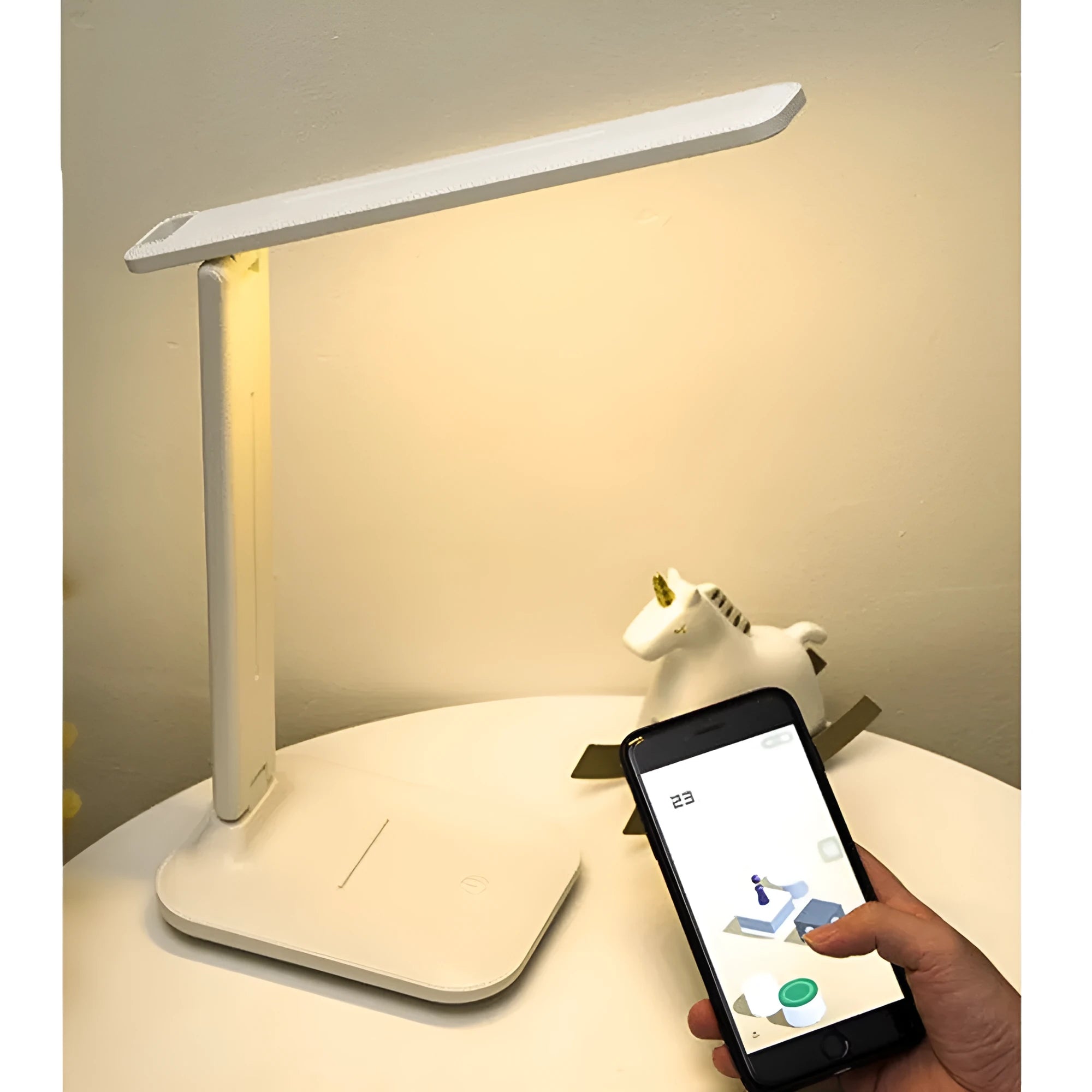 White plastic bedside lamp with touch dimming controls for children's bedroom eye protection lighting