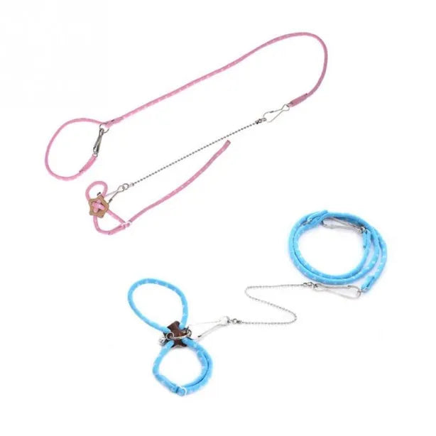 Pink hamster training traction rope harness with adjustable nylon neck and chest loops and small bell on 60cm lead