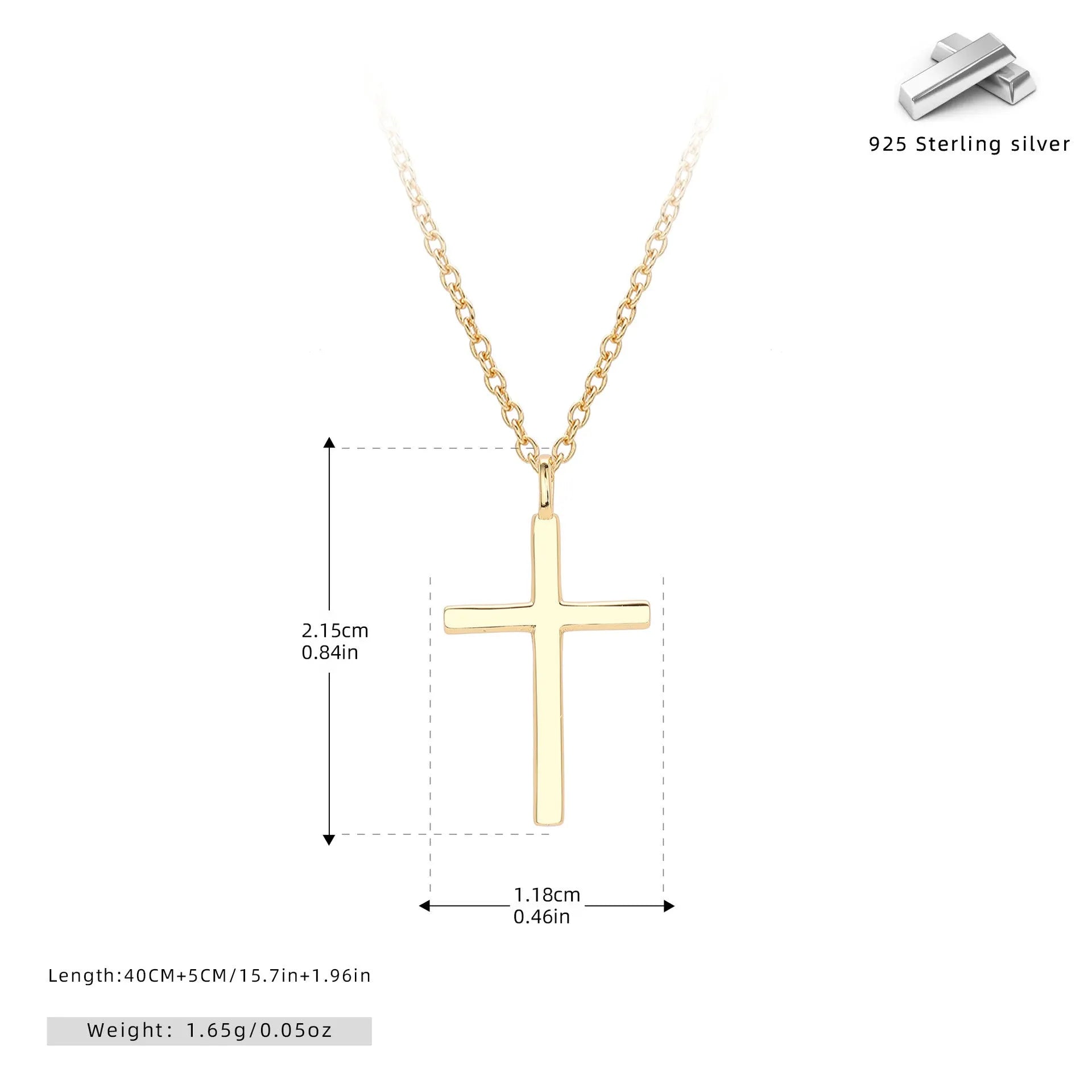 S925 sterling silver cross pendant necklace with O-shaped chain in gold plating