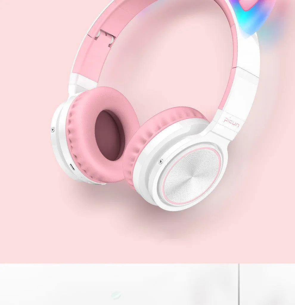 Pink white luminous Bluetooth wireless headset with 40mm speakers and braided cable