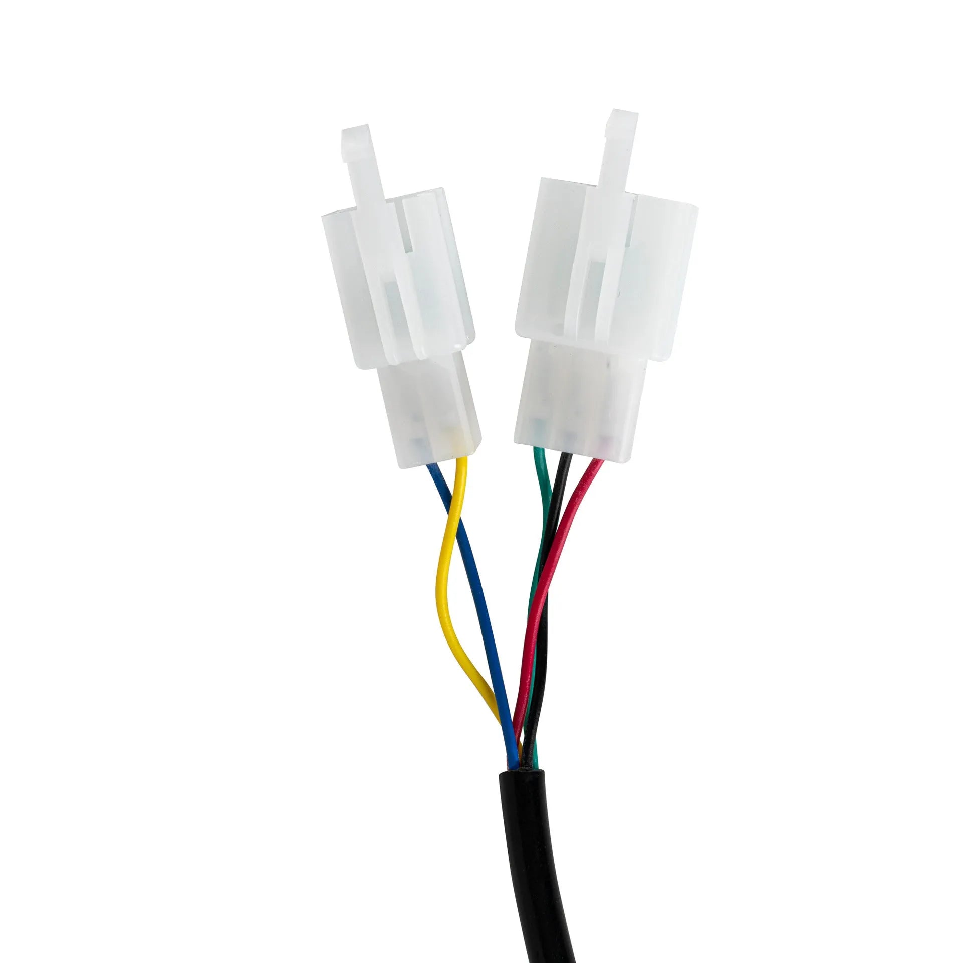 Electric vehicle handlebar grip in blue, red, silver, and yellow colours showing wiring connector