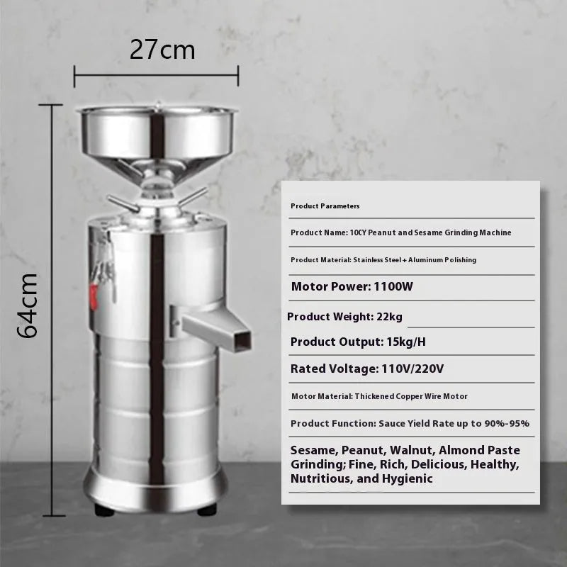Stainless steel electric sesame paste grinding machine with automatic function for home kitchens.