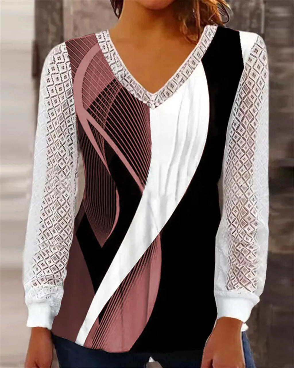Purple loose V-neck top with hollow-out lace print and long sleeves