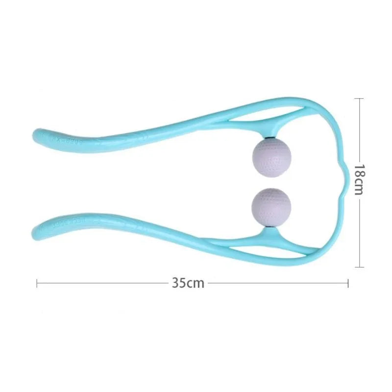 Blue plastic hand-held neck massager with adjustable rollers on a flexible stand.