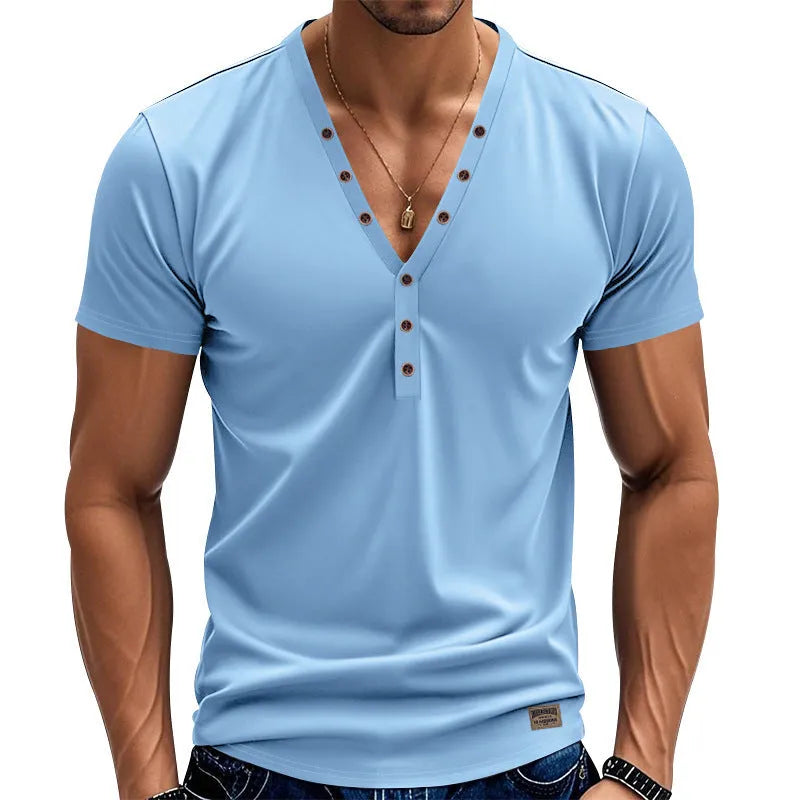 Men's loose solid-colour V-neck top with button detail on a hanger.
