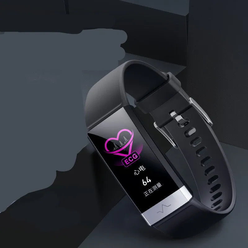 V19 smart health tracker bracelet with colour screen, shown in black, blue, and red colour options.