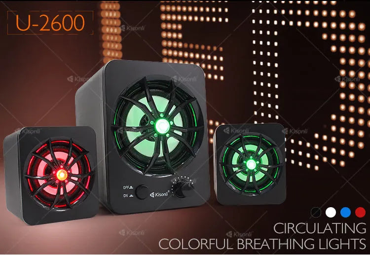 Green U-2600 2.1 USB computer speaker with illuminated colourful LED lights on a desk