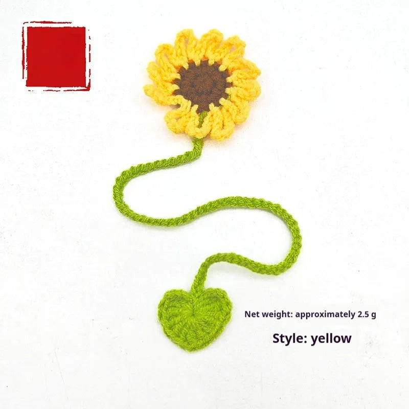 Hand-crocheted wool bookmark with daisy motifs on flexible wire in multiple colour options