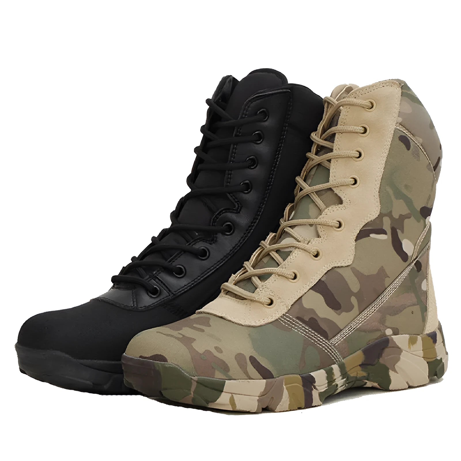 Waterproof nylon camouflage boots in green mango pattern with black accents for outdoor wear