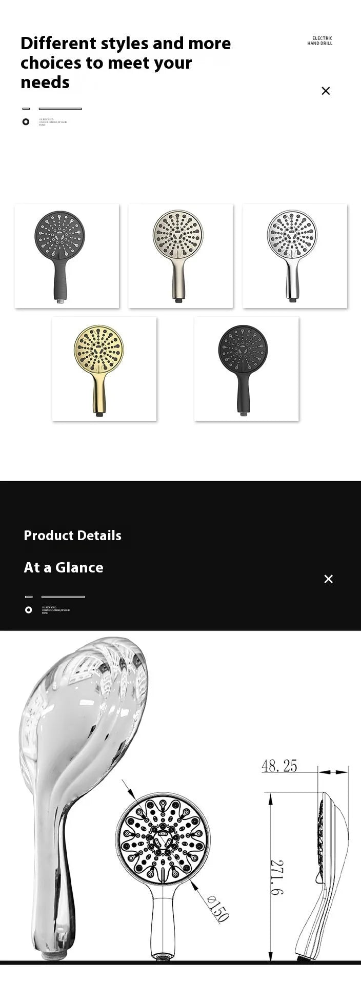 6-inch portable handheld shower head with six spray functions in electroplated finish