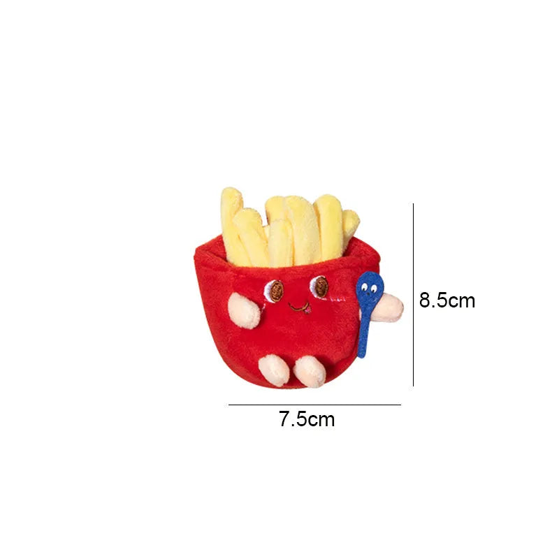 Set of five soft cat chewing toys shaped like bread, chicken legs, fries, a hamburger, and a hot dog.