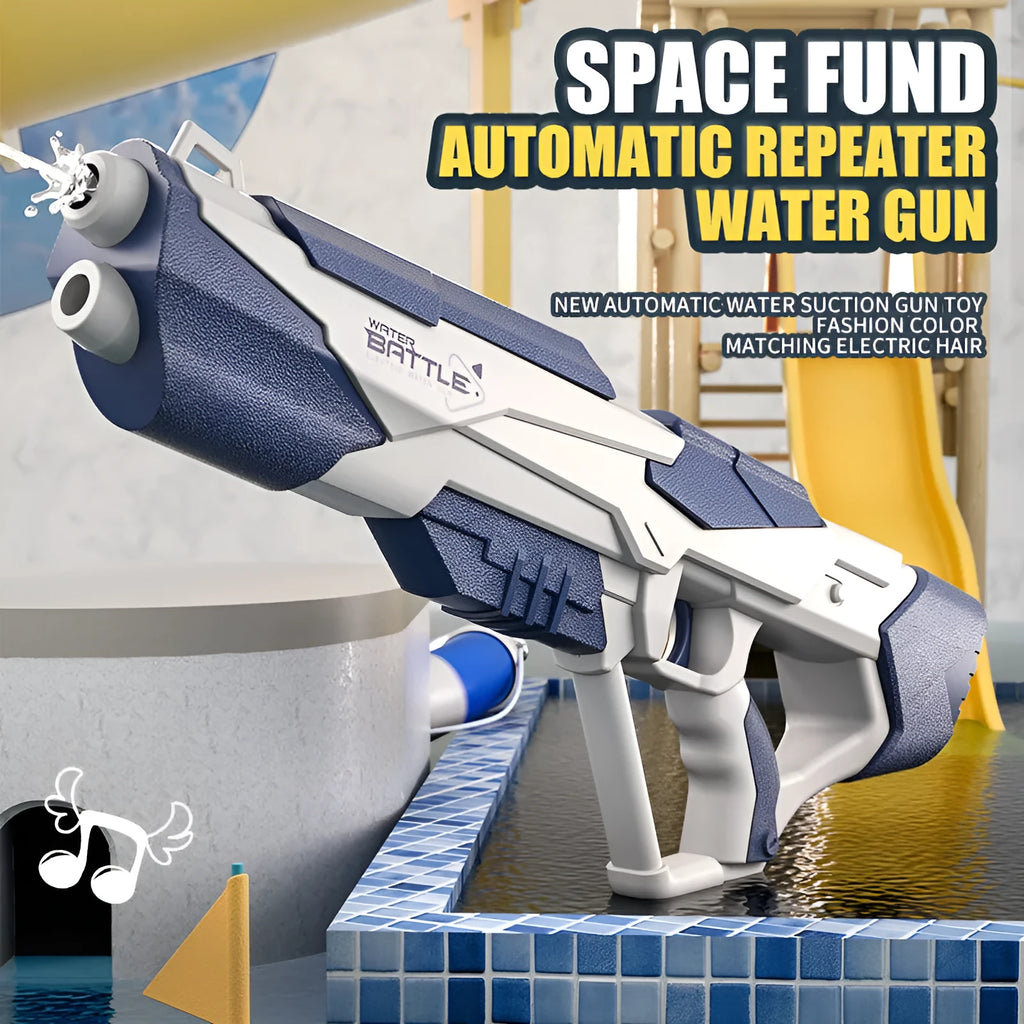 Blue plastic electric space water gun with automatic water absorption for pool and beach play.