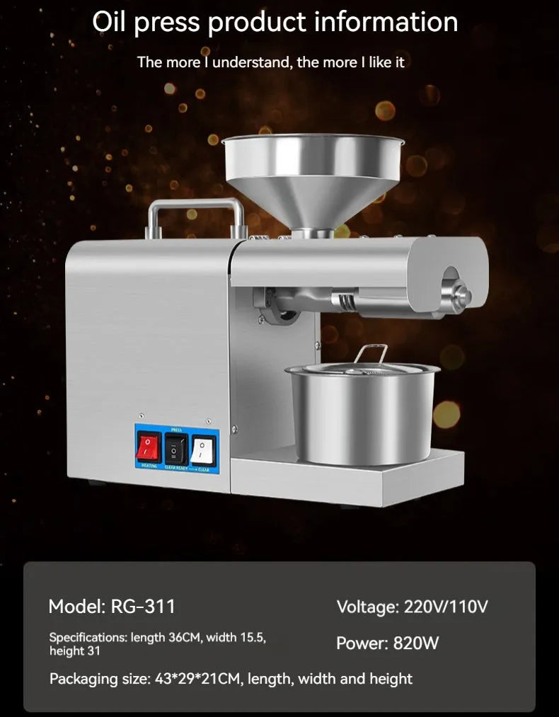 Xiangwei RG-312 household oil press with digital display, stainless steel body, and compact dimensions 36x15.5x31cm