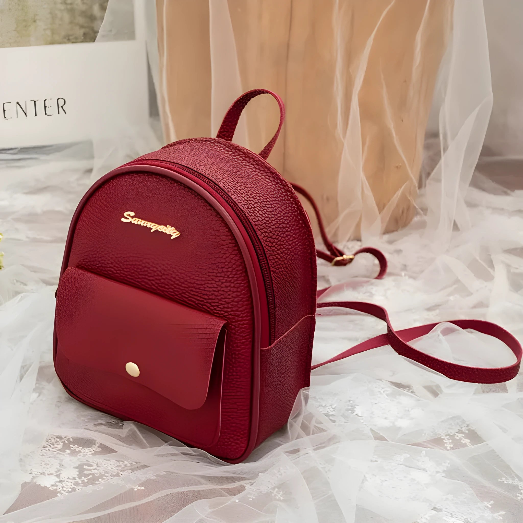 Solid colour PU leather women's small shoulder backpack with zipper, shown in available colours.