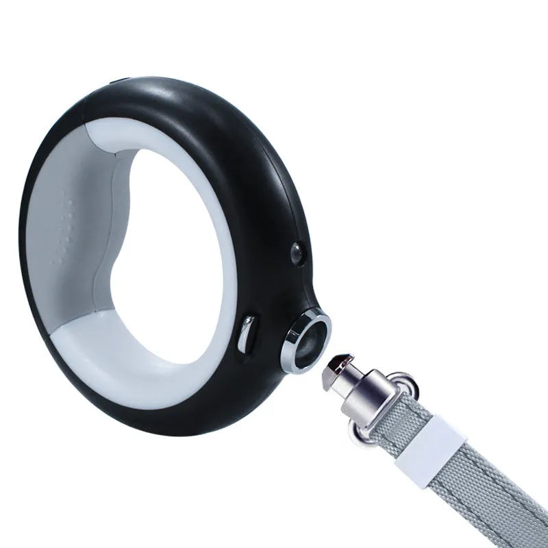 Luminous automatic telescopic dog rope with ABS housing, USB charging, pink colour option on white background