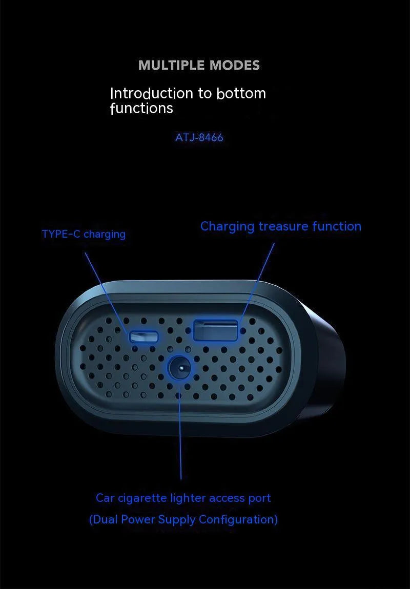 Handheld wireless digital air pump with LED display on black ABS body, showing pressure readout