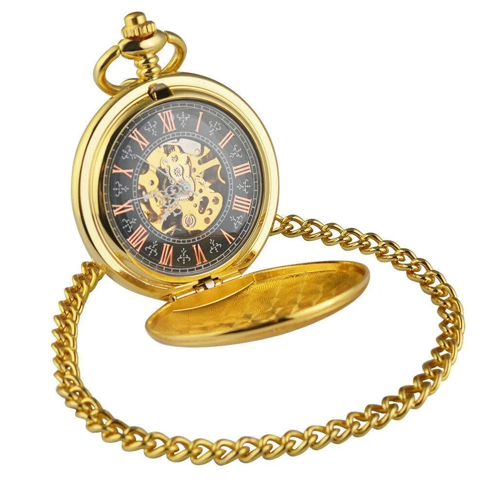 Retro floral print automatic mechanical pocket watch with transparent case back on alloy strap.