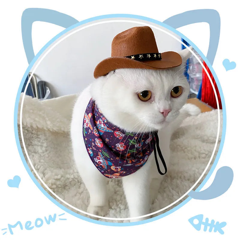 British cowboy hat for a cat with decorative velvet band or ribbon, shown in brown or black.