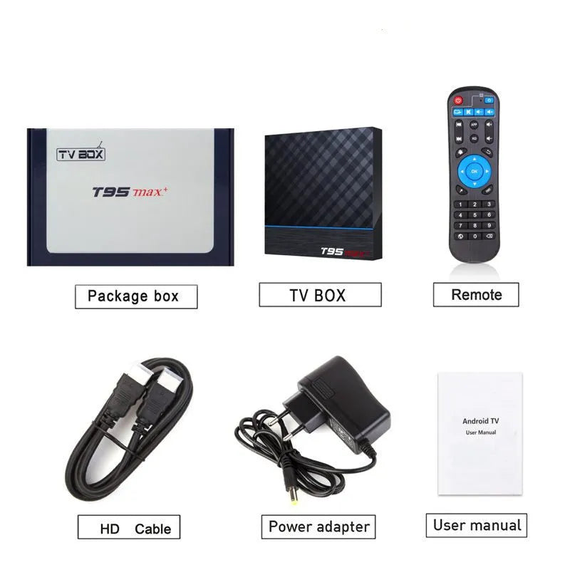 Black T95 Max Plus Android TV box with Amlogic S905X3 processor, shown with optional US, EU and UK power plugs.