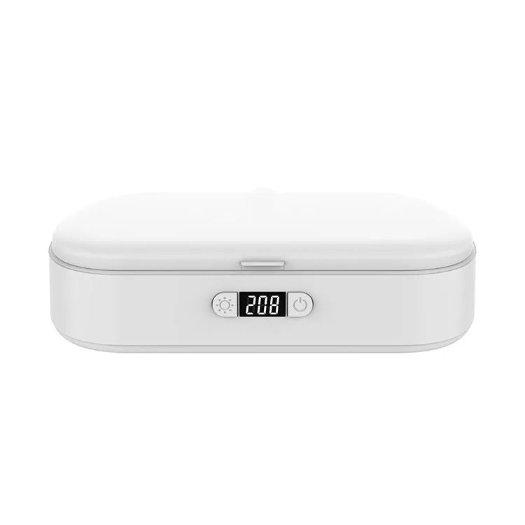 White ABS UV steriliser and wireless charging box for mobile phones and toothbrushes.