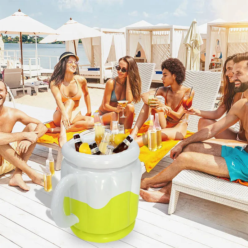 Yellow inflatable PVC ice bucket for cooling beer steins at outdoor events