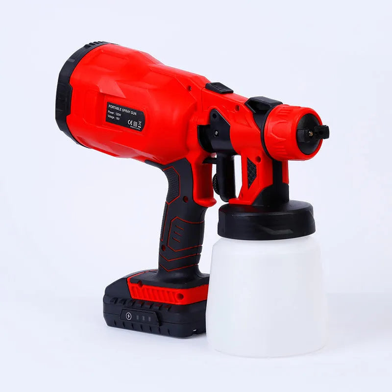 Blue cordless paint spray gun with detachable paint container and brushless motor.