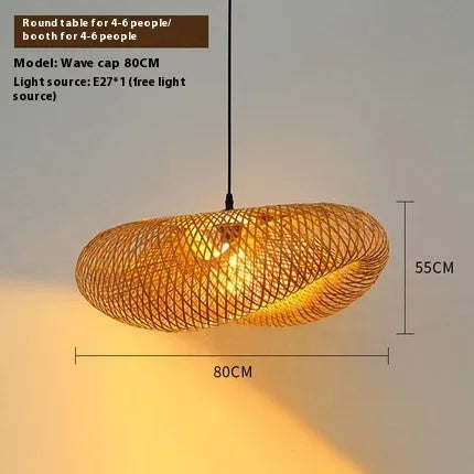 Bamboo straw hat-shaped hanging pendant lamp with woven construction in three diameter sizes