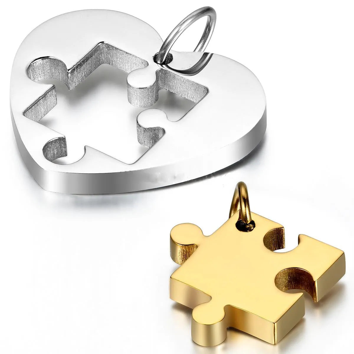 Glossy stainless steel love puzzle couple pendant in silver finish, heart shape 52mm long