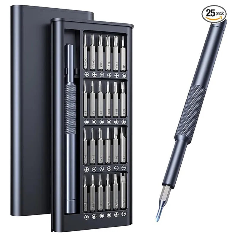 25-in-one magnetic precision screwdriver set with knurled handle and bits.