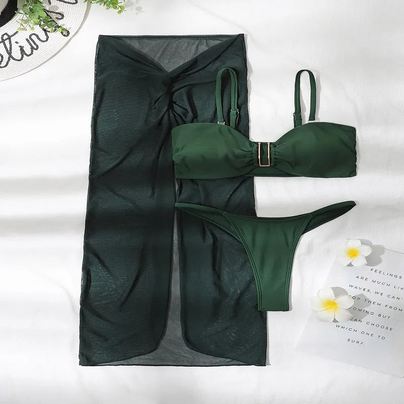 Women's three-piece bikini set with long culottes shorts in multiple colour options