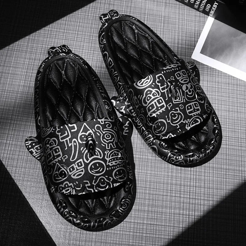 Cute shark design open toe EVA slippers for couples in beige, black, grey, and white colours.