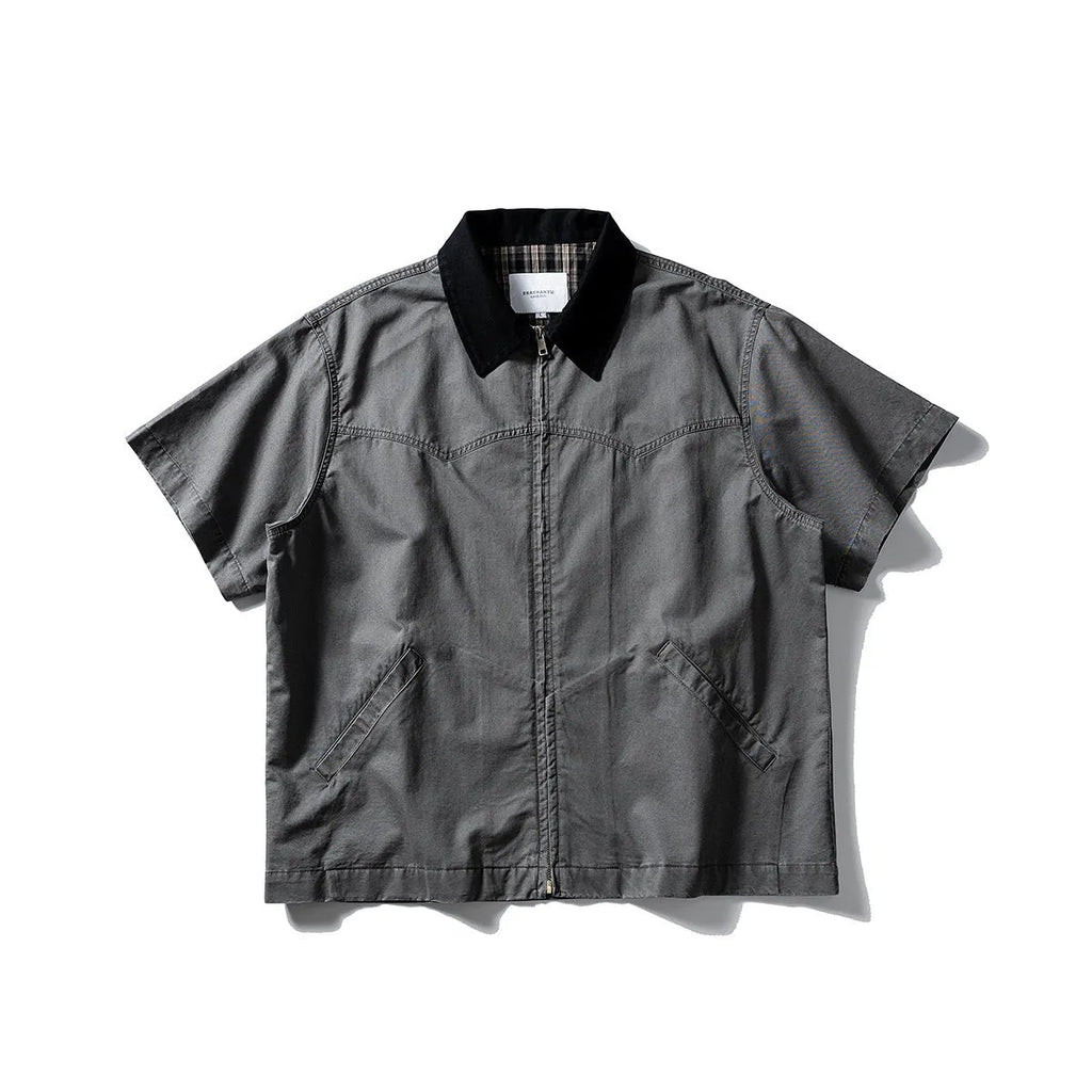 Men's washed overalls shirt with short sleeves in khaki and grey colour options